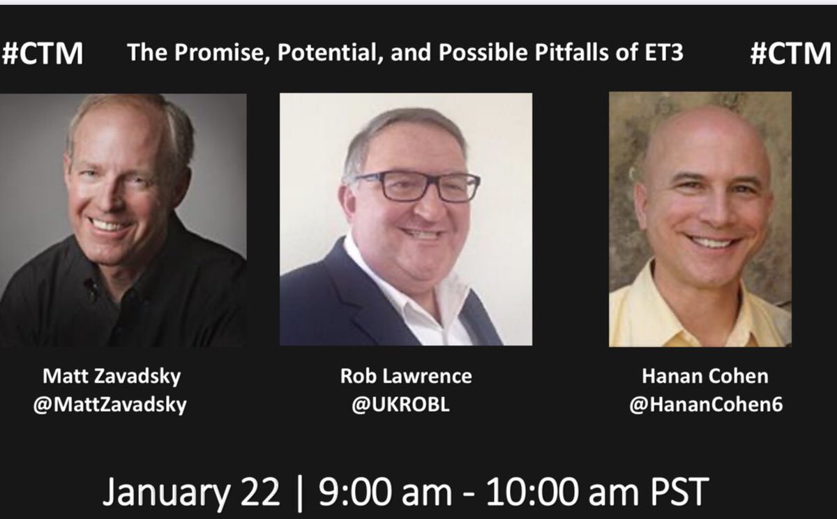 FWDataExperts's tweet photo. Time to register for the @FWDataExperts Jan 2021 #CTM Conversations that Matter. Guest Host @ukrobl will talk Promise, Potential &amp; Pitfalls of ET3 with @HananCohen6  &amp; @MattZavadsky - Jan 22 0900PST/12:00 pm EST. @toddfw @MTaigman Register  @ProdigyEMS at https://t.co/rnhxQuccOo https://t.co/VcYkeuCmfT