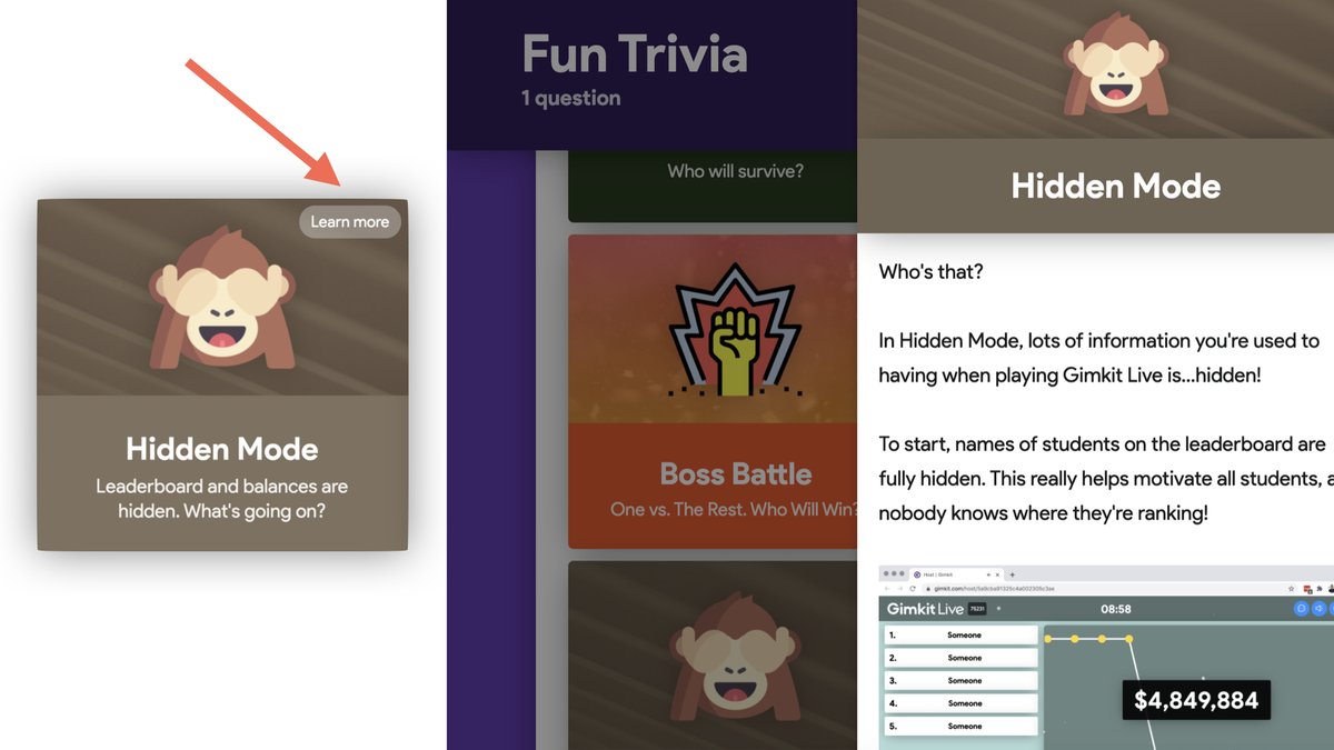 gimkit's tweet photo. 🗞️ Learn all about it!

Last week we launched FOREVER MODES, giving you permanent access to 6 game modes.

But maybe you're unfamiliar with a few of them...

So now, you can click "Learn more" next to a mode. From there, read about what makes it unique + how it works! https://t.co/ojfDW2alJD