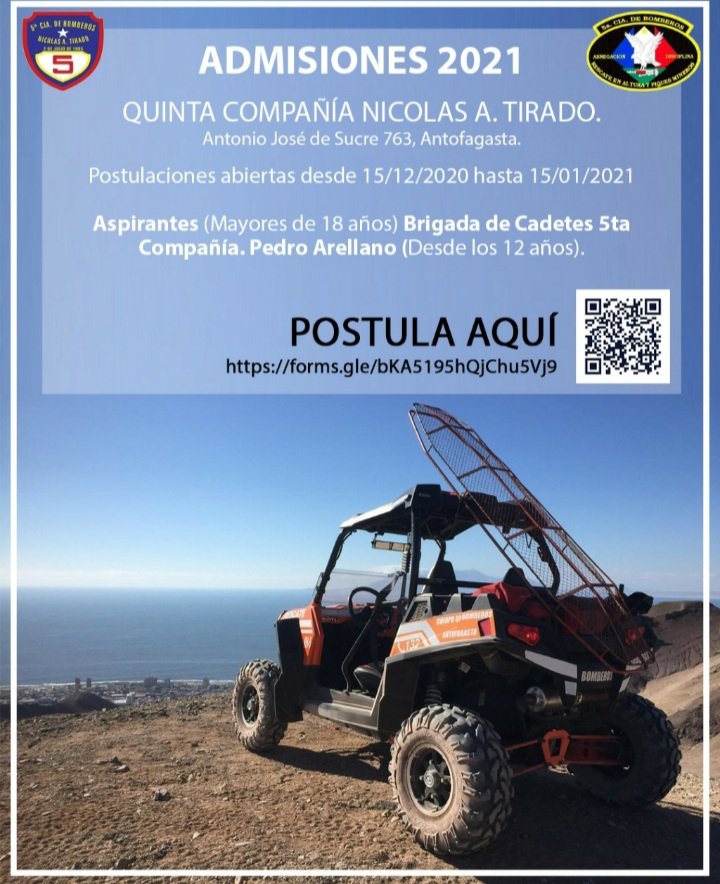 ¿Quieres ser Bombero? 

Quinta Compañía "Bomba Nicolas A. Tirado" abre sus postulaciones para ingresar como Aspirante o Cadete a nuestra Institución

Formulario Inscripción : forms.gle/bKA5195hQjChu5…

#Orgullodeserquintino