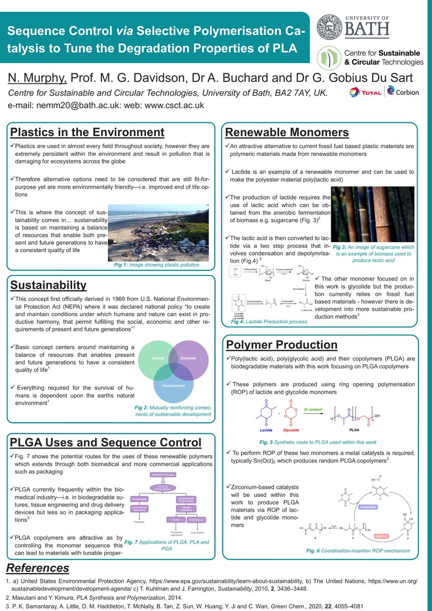 Novmrpy's tweet photo. My PhD summarised in a poster for the CSCT Winter Showcase. The showcase has been thouroughly enjoyable so far, filled with talks centring around sustainable technologies across a variety of fields🌿♻️ #CSCT20 #CSCTBath #Wintershowcase #polymers #catalysis #bioplastics https://t.co/juAJB49d0H