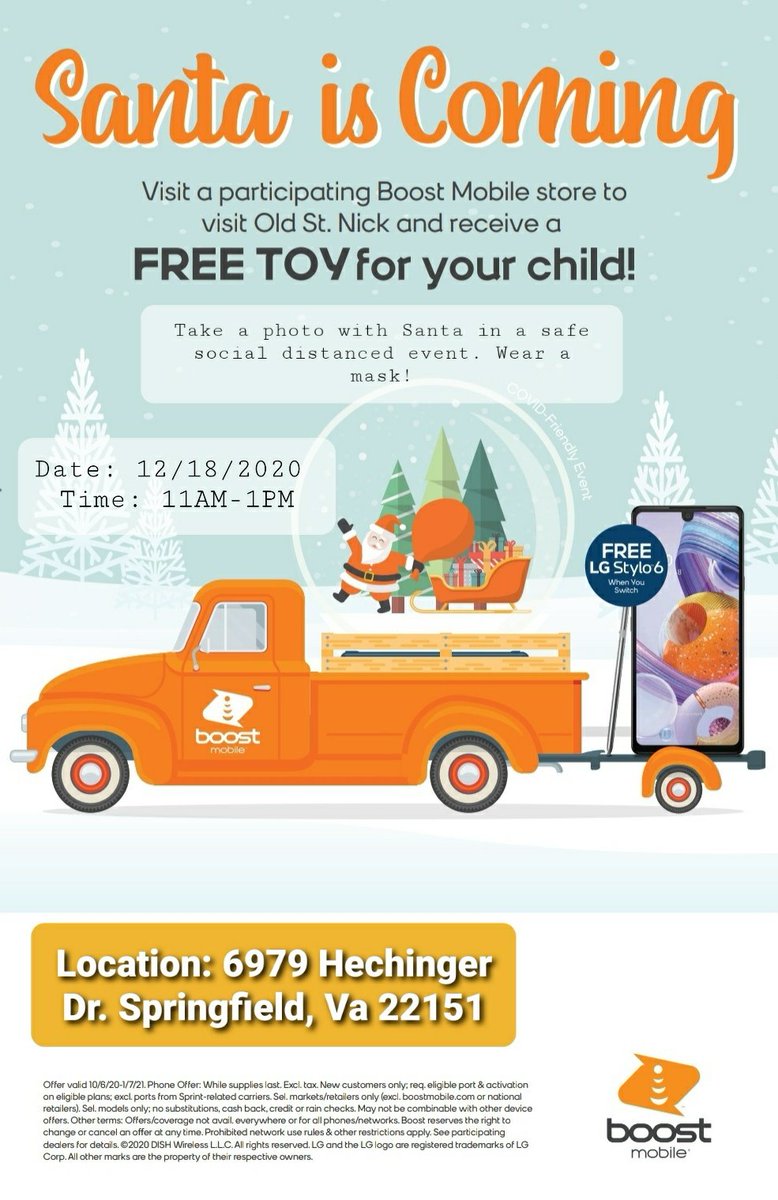 1 LAST STOP in Va for #Santa! 6979 Hechinger Dr Springfield, Va 22151 this Friday between 11AM-1PM! We will be giving FREE gifts for the kids(while supplies last)! Also take a photo with Santa in a SAFE social distanced event!🚀🎅🔥 #ReTweet #TopAtlanticSquad <a href="/boostmobile/">Boost Mobile</a>