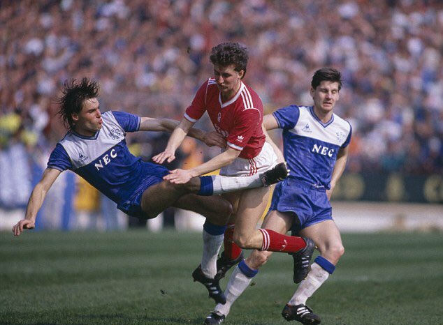 A photo of Everton\s Pat Van Den Hauwe tackling David Campbell of Nottingham Forest. Happy Birthday, Pat! 