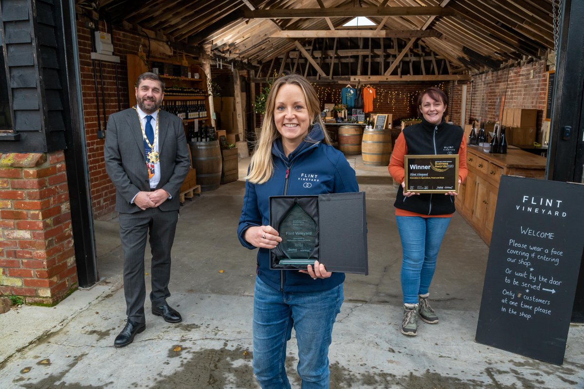 The next category is Innovation in Agriculture, Food and Drink and the winner is <a href="/FlintVineyard/">Flint Vineyard</a>. Cllr Graham Minshull proudly presented the award, sponsored by <a href="/PastaFoods/">Pasta Foods</a>. Innovation meets tradition at Flint Vineyard with cutting edge fermentation equipment and techniques.