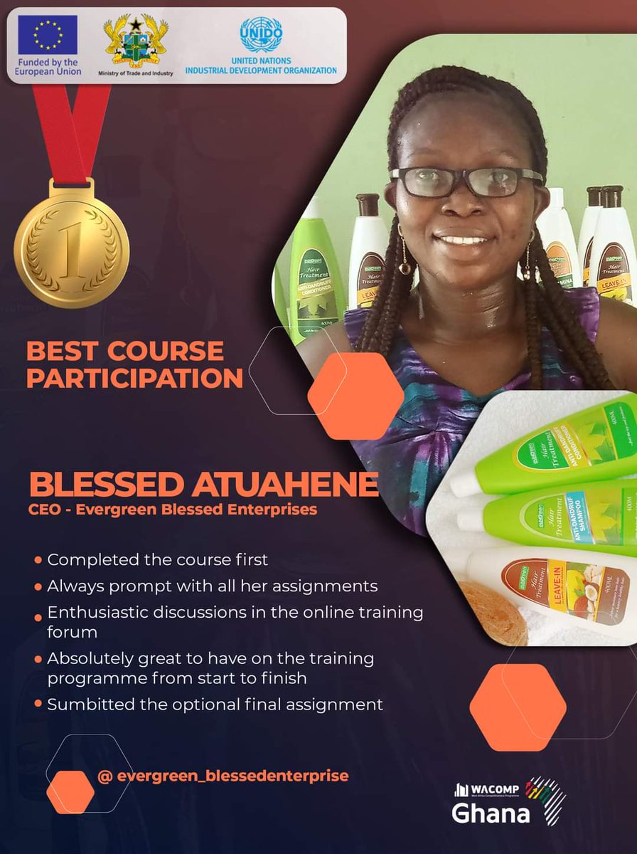 WACOMPGhana's tweet photo. @UNIDO #WACOMP ๐ฌ๐ญ funded by @EuropeInGhana Award Winner of our E-Marketing to #ecommerce class #BatchTwo for #BestCourseParticipation goes to Mrs. Blessed Atuahene ,CEO of Evergreen Blessed Enterprise.Congratulations! ๐๐๐
#BecomingDigitalWithWACOMPGhana #digitalmarketing https://t.co/9ql8T9cxgO
