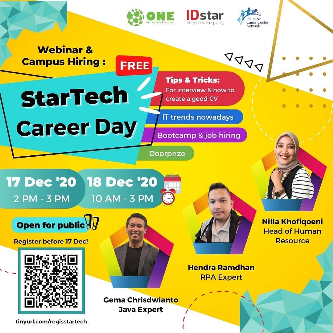 Kamu baru lulus dan mencari pekerjaan?

Yuk ikuti Webinar dan Campus Hiring "StarTech Career Day" yang dilaksanakan pada:

Hari/Tanggal : 17 - 18 Desember 2020

Ayo daftarkan dirimu lewat link berikut!
tinyurl.com/regisstartech

Jangan sampai ketinggalan ya! See you!