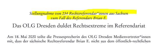 BlackboxVS's tweet photo. Das #OLG #Dresden duldet Rechtsextreme im Referendariat. Und zwar ohne Not. 234 Rechtsreferendar*innen aus #Sachsen nehmen zum Fall des extrem rechten Referendars Brian E. Stellung. (€)
https://t.co/eFZPhixUjI https://t.co/OS7KXJMqsS