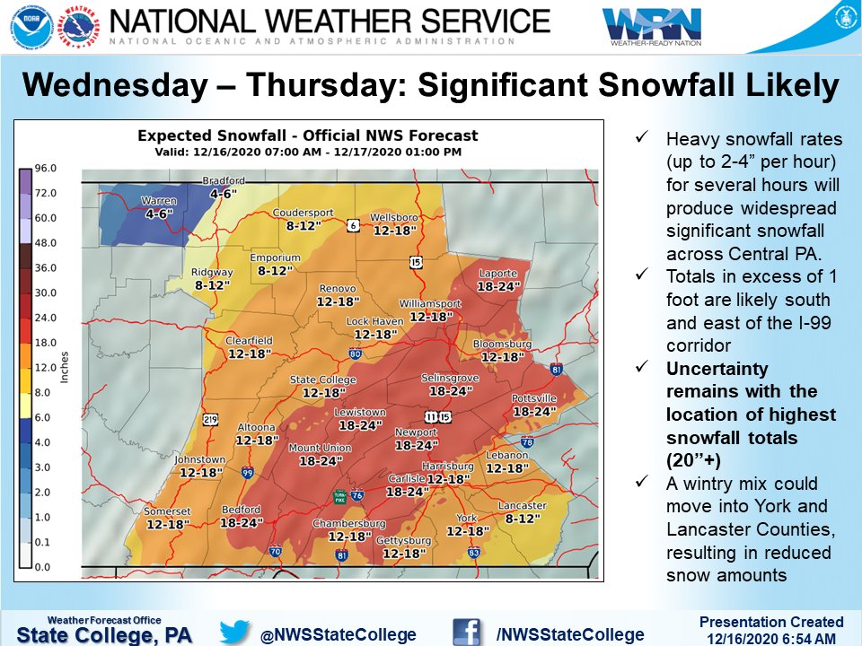NWSStateCollege's tweet photo. Good morning Central PA! Here's the latest info on today's storm. Snow will move in from south-north through the late morning &amp; afternoon. Snow rates of locally 2-4 inches this evening-overnight will make travel difficult/impossible.  Expecting 1-2 ft of snow for most. #PAwx https://t.co/5LUZcGnCzb