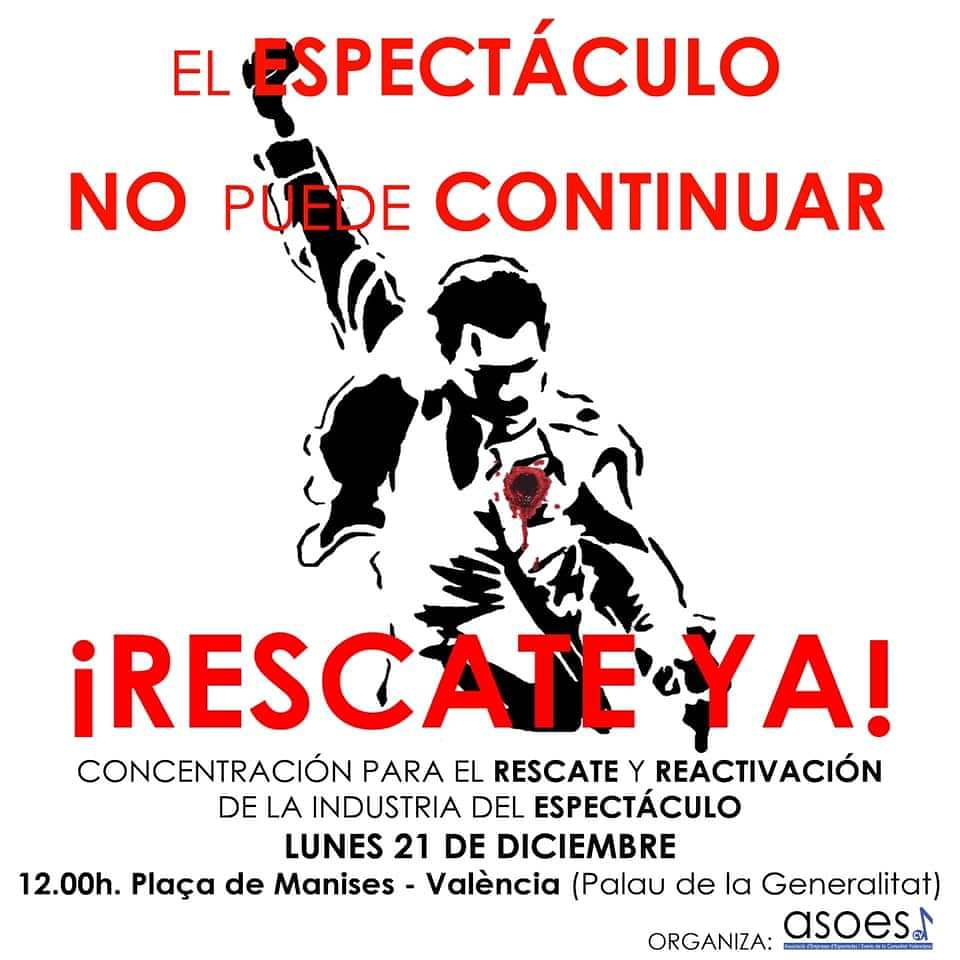 AlertaRojaES's tweet photo. La Asociación ASOES CV organiza el próximo lunes 21 de diciembre una concentración para el rescate y reactivación de la industria del Espectáculo en la Plaça de Manises de Valencia. Hora: 12:00h.
#RescateYa #RescateEspectáculos #AlertaRoja #AlertaDeLuto https://t.co/Y1iuTwby4u