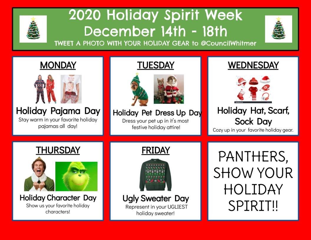 CouncilWhitmer's tweet photo. Come on Panthers let’s see that holiday gear!  @Whitmer_HS https://t.co/sXGiL2aXCA