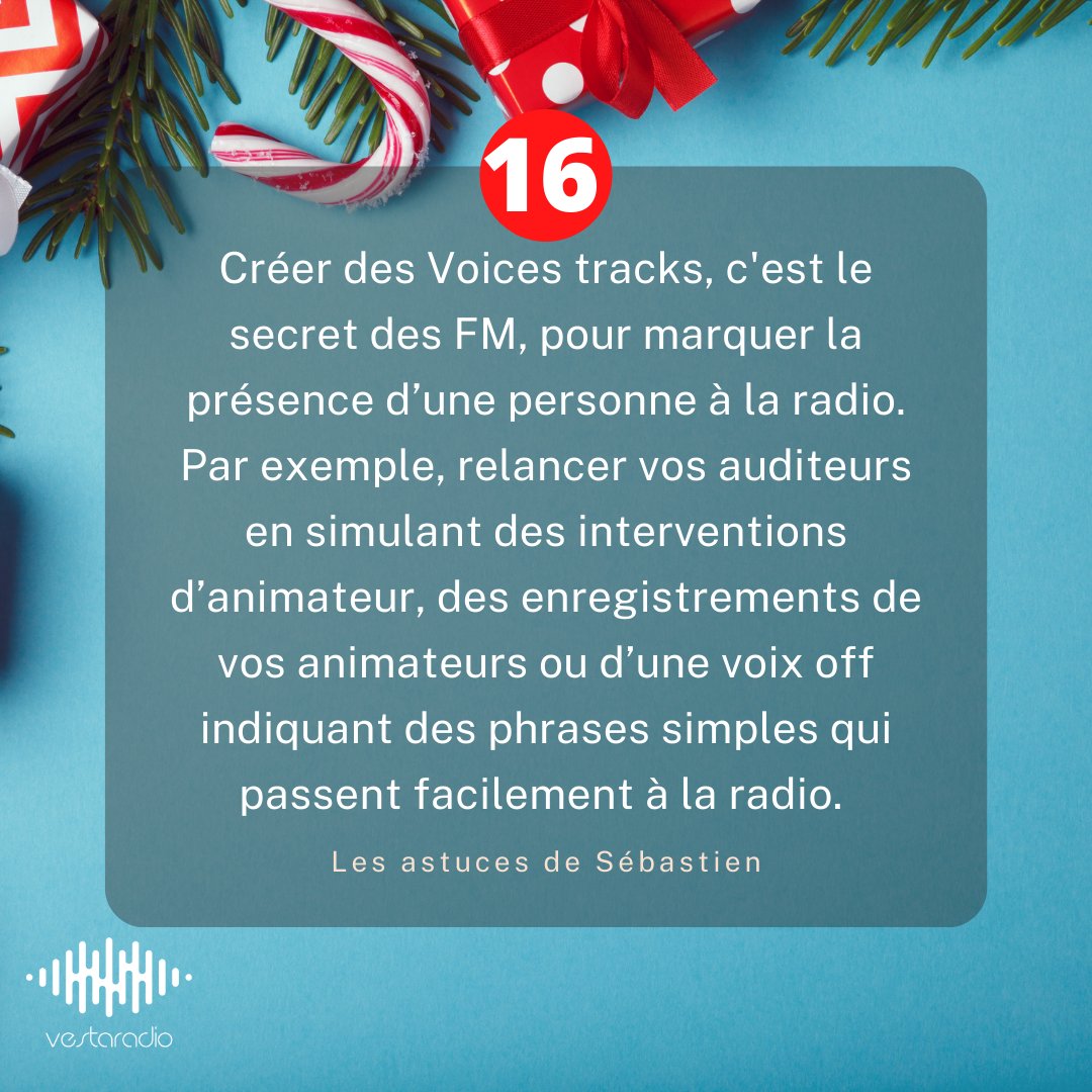 Vestaradio's tweet photo. ✨#CalendrierDeLavent - Jour 16✨ 
En attendant #Noël🎄, chaque jour, notre expert Sébastien vous propose une astuce pour animer votre #webradio comme un pro. L’astuce du jour 📌:  Le secret des Voices Tracks pour habiller l'antenne d'une radio📻
 #noel20 #avent #astuces https://t.co/lWxYFz2p0R
