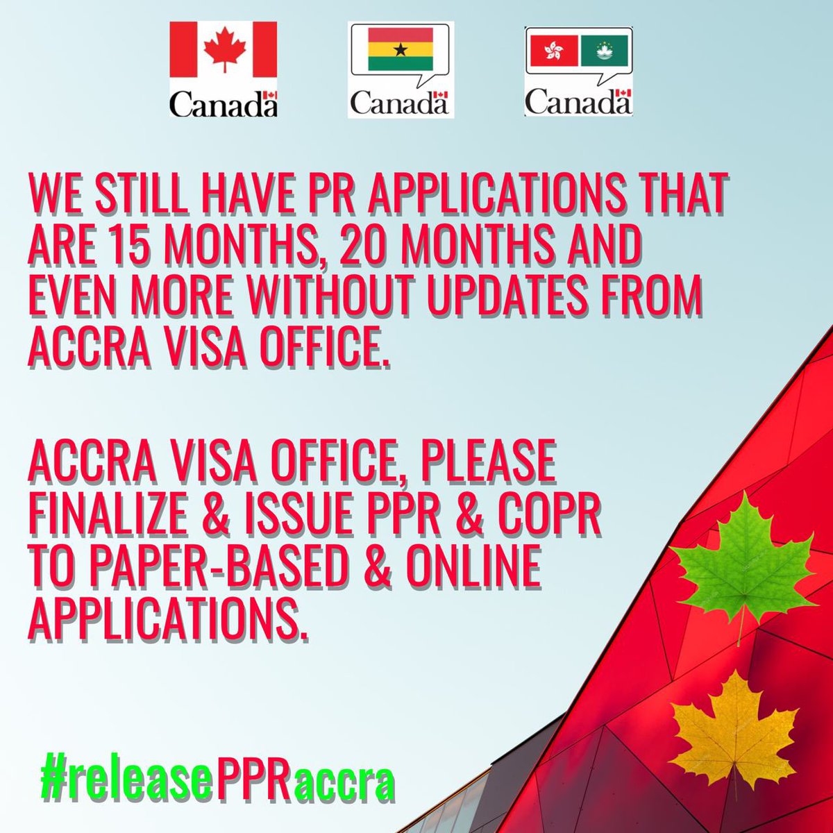 COPRPOSTMARCH18's tweet photo. Many Canada PR application files both paper/online domiciled in Accra visa office remain unattended too. Our Applications matter too!Clear all backlogs-2018/2019/2020
#Releaseppraccra
#outlandPRapplicants 
@marcomendicino @CanHCGhana @CitImmCanada 
@saranichollsCAN @KatiCsaba https://t.co/CBkC7LYUTL