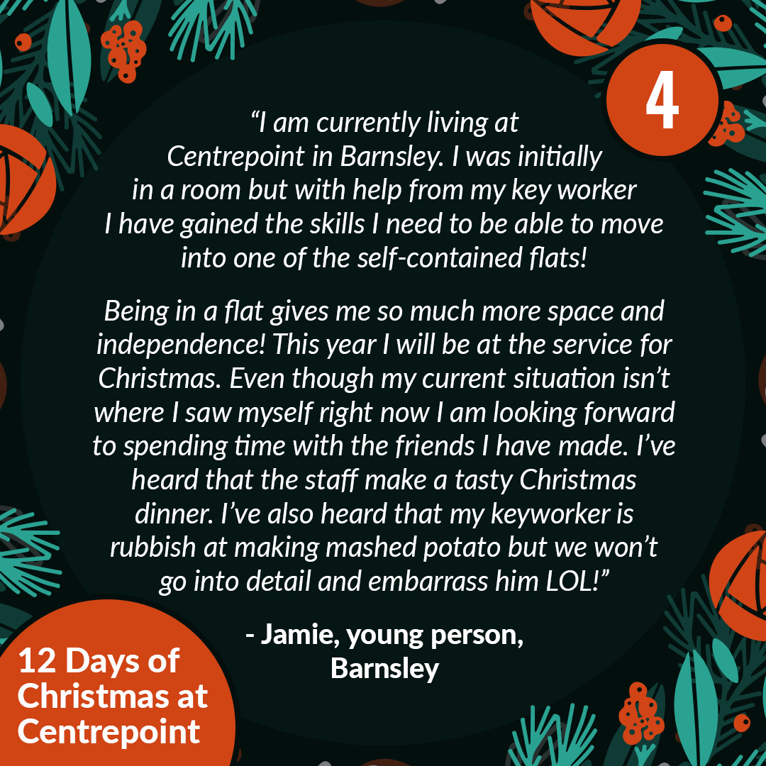centrepointuk's tweet image. It's day 4 in our 12 Days of Christmas at Centrepoint! 🎄

Today we hear from Jamie! 🌟 He is a young person living in a Centrepoint service in Barnsley.