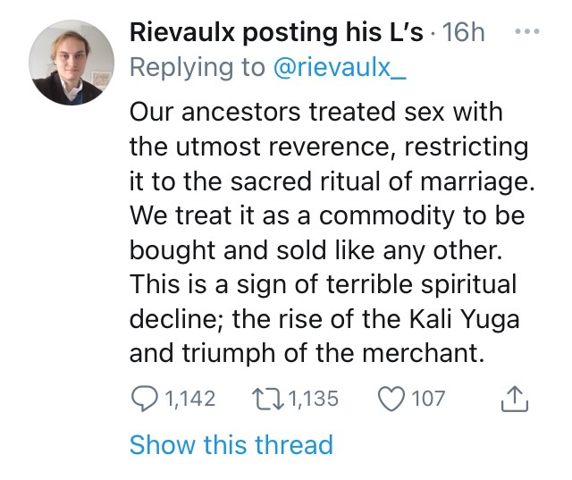 This dude is getting ratioed to hell & back for this nonsense, & there are MANY ways he's wrong about the history of sex. BUT let's highlight something else: this is a racial narrative, & his concerns about "traditional sex" tie back to racial Anglo-Saxonism.  #MedievalTwitter