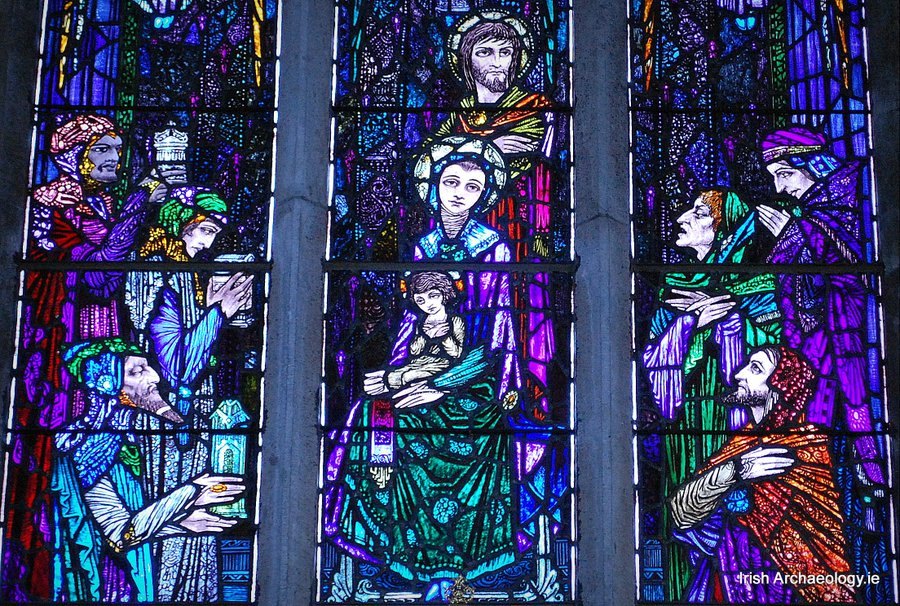 irarchaeology's tweet photo. Designed by Harry Clarke, this beautiful stained glass window is found in St Patrick's church, Kilmaine, Co. Mayo. It depicts The Adoration of the Magi. https://t.co/l4GsRDsCqf