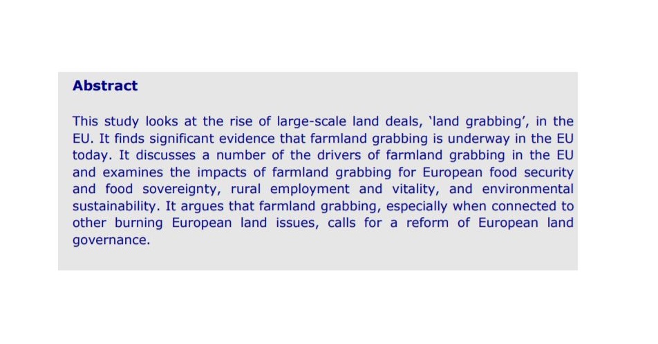 A 2015 study for the EU Parliament concluded that the CAP has “paved the way for farmland grabbing as a new class of private landowners with significant capital and often powerful political ties can easily outmanoeuvre smaller farmers” #WithdrawTheCAP  https://www.europarl.europa.eu/RegData/etudes/STUD/2015/540369/IPOL_STU(2015)540369_EN.pdf
