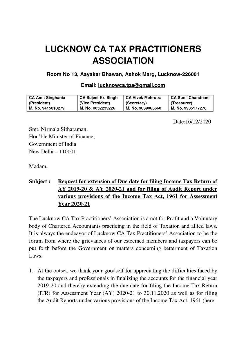 LucknowAs's tweet photo. Request for extension of Due date for filing Income Tax Return of AY 2019-20 &amp; AY 2020-21 and for filing of Audit Report under various provisions of the Income Tax Act, 1961 for Assessment Year 2020-21 https://t.co/odPUAFktiw
