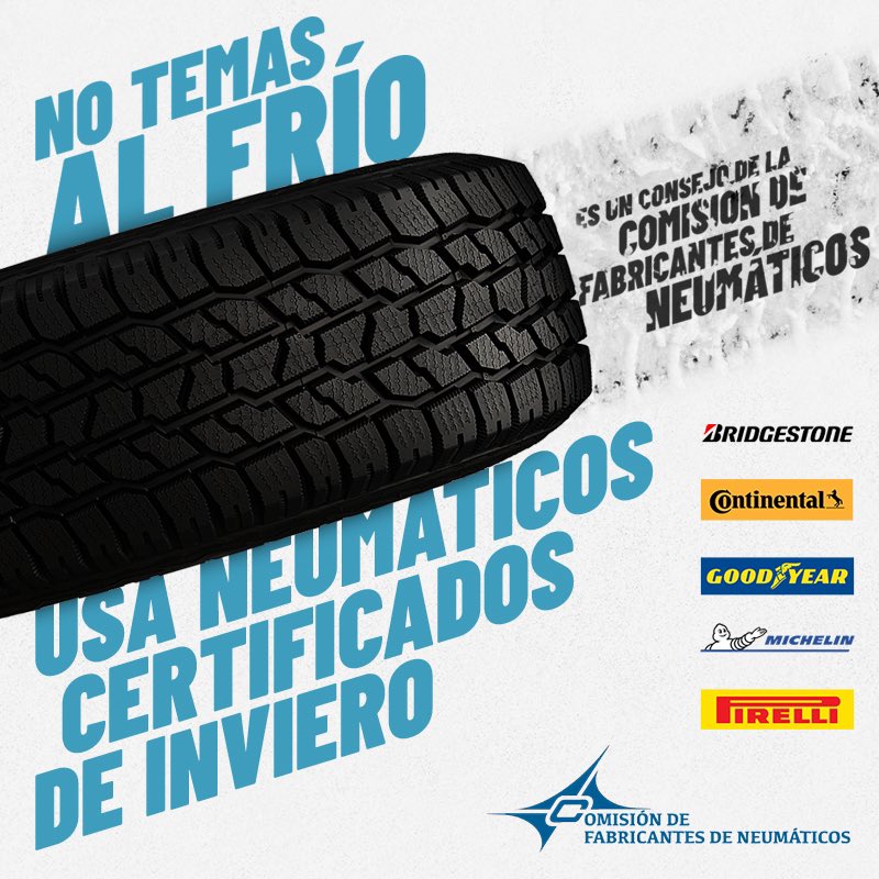 FerGomezBlanco's tweet photo. Y no solo os lo digo yo; lo recomienda la Comisión Nacional de Fabricantes de Neumáticos, formada por @Bridgestone_H , @continental_esp , @Goodyear_Es , @Michelin y @Pirelli , que saben un rato de esto. https://t.co/kSwsxftTvD #cuidatusneumaticos #eligeneumaticosdeinvierno (4/5) https://t.co/mrkI8W4r1r