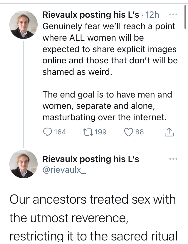 So, the full thread he posted is here: note the use of "our" ancestors and the idea that he's sure sex work was normal in "certain pagan civilisations" but he's talking about "Christian Europe."This is generic "our white Christian medieval past & its gender/sex values" stuff.