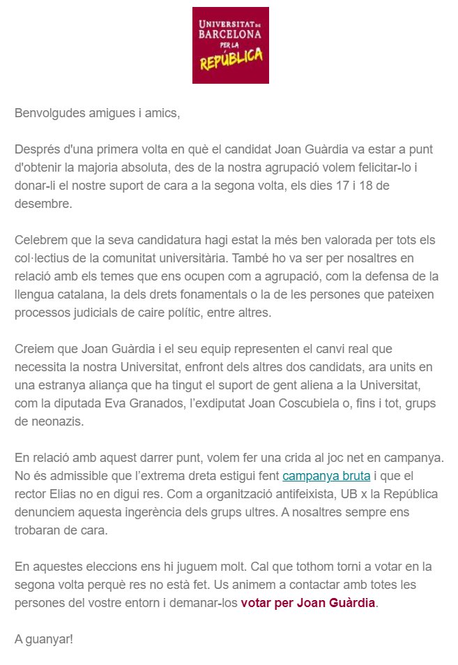 UBxlaRepublica's tweet photo. Llegiu el nostre comunicat sobre la segona volta de les eleccions al #RectoratUB.
🔴 Us animem a contactar amb totes les persones del vostre entorn i demanar-los que votin per Joan Guàrdia. https://t.co/gE5df0CWkV