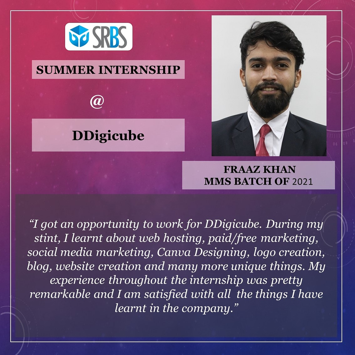 srbs_edu's tweet photo. Read Fraaz Khan's Summer Internship Experience at DDIGICUBE.
.
.
.
.
.
#SRBS #SGRFOUNDATION #RAHEJAACADEMIA #INTERNSHIP #OPPORTUNITY #MARKETING #BLOG #EXPERIENCE https://t.co/La7c50yQ8R