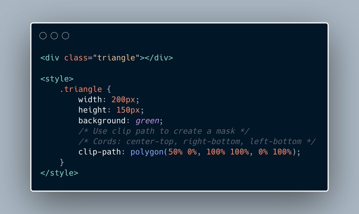 Stephan Nijman on X: "Small #css tip: You can use css clip-path to "mask" a element and create (responsive) triangles, and many other shapes. https://t.co/3mvy06sx91" / X Stephan Nijman on X: "Small #css tip: You can use css clip-path to "mask" a element and create (responsive) triangles, and many other shapes. https://t.co/3mvy06sx91" / X