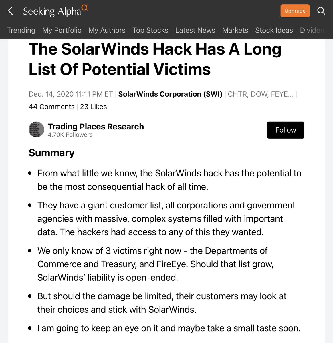 OK time for a nice compilation of  $SWI analysis from the (free) app Seeking Alpha. Trading Places Research call the SolarWinds breach potentially the  most consequential hack of all time 