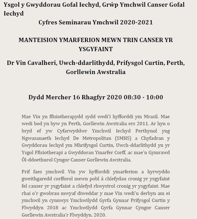 Very much looking forward to welcoming Dr <a href="/vincavalheri/">Vinicius Cavalheri</a> to <a href="/CUHealthSci/">School of Healthcare Sciences</a> <a href="/CardiffUni/">Cardiff University</a> this morning from the sunny shores of Western Australia @ Curtin Uni via zoom for our first international HCare cancer research seminar: Benefits of Exercise Training in Lung Cancer