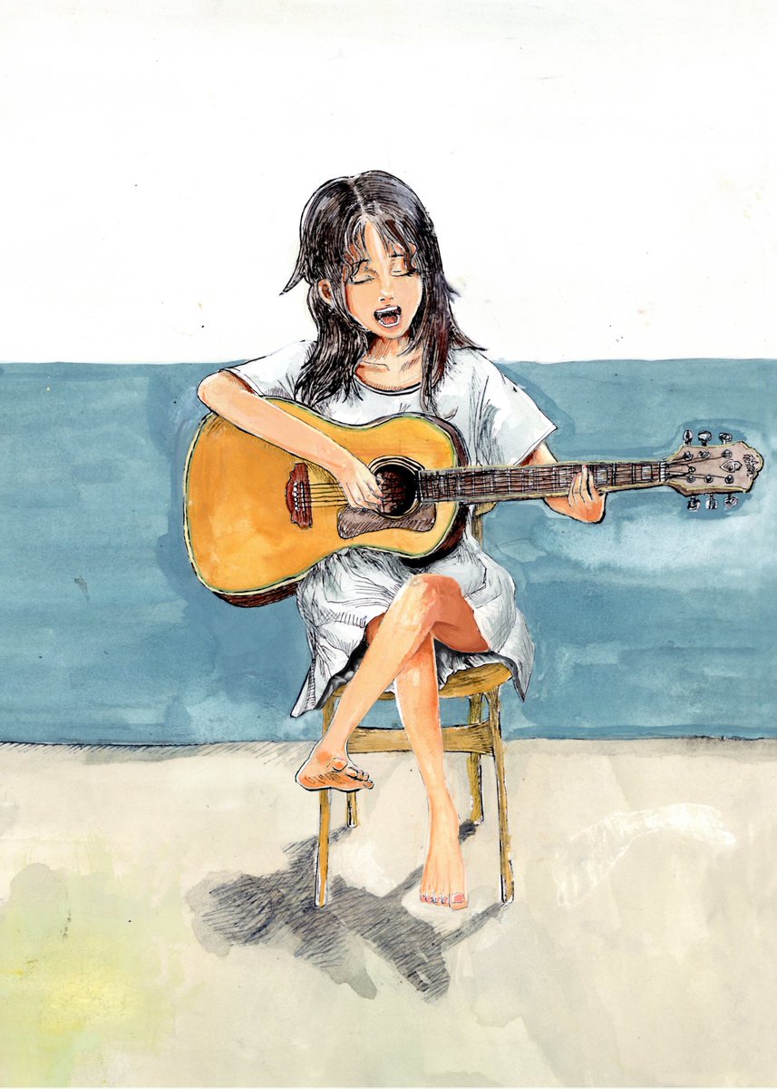 Nishimatsu Yuuki 弾き語りの女性 ギター買ったけれど 全く弾かないから女性に変わりに奏でてもらってます Illustration イラスト 絵柄が好みって人がいればいいなぁ 絵柄が好みって人にフォローされたい 弾き語り 絵描きさんと繋がりたい
