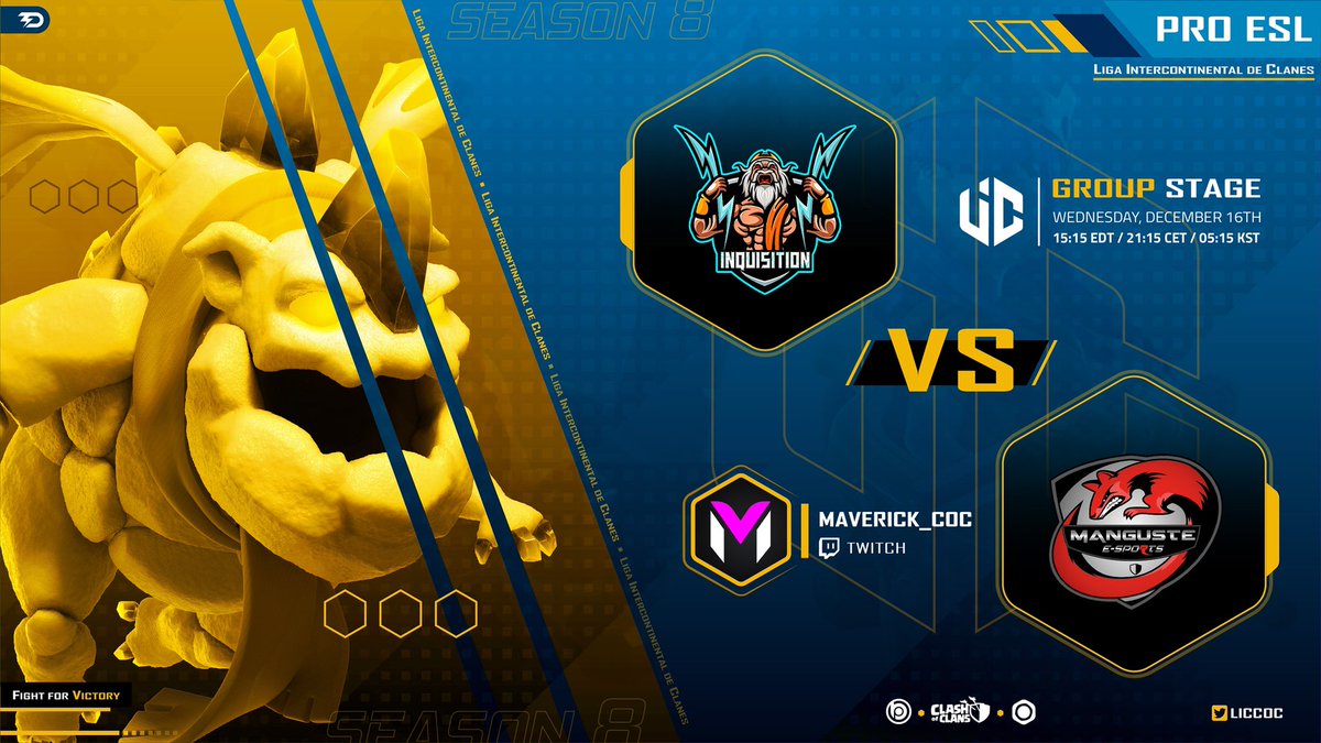 Hoy os traigo al canal una guerraza del <a href="/LICCOC/">LIC</a> !!

<a href="/inqclan/">INQUISITION</a> 🆚 @Manguste_eSport 

🗓 A las 21:30 🇪🇸

📺 m.twitch.tv/maverick_c0c

PD. Prometo poner los ataques 😝😝