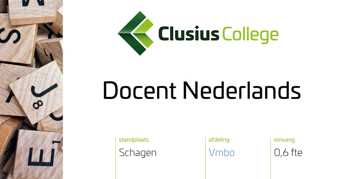 Vacature // Docent Nederlands 
Op ons vmbo in Schagen hebben we per direct een vacature voor een docent Nederlands. Wil jij werken in een inspirerende, groene omgeving en met een leuke groep collega's? 👉 Meer info &amp; solliciteren (t/m 18-12): bit.ly/2MgiNUi