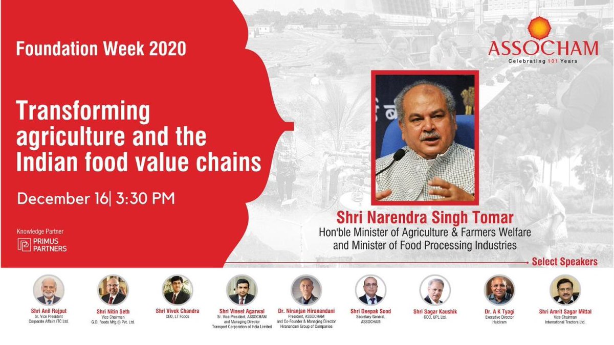 Looking forward to an interactive session with industry leaders on 'Transforming Agriculture and Indian Food Value Chains' on the occasion of @ASSOCHAM4India Foundation Week 2020.

🗓- 16 December, 2020
🕒- 03:30 PM
#ASSOCHAMFoundationweek