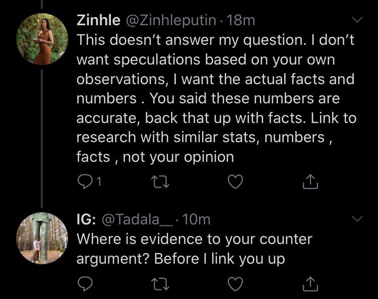 the time twitter user zinhleputin wanted stats and research to back up the available stats and research