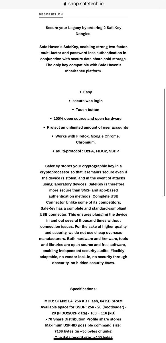 hardware capable of storing encrypted data, derived from fragmenting the password needed to gain access to said entities, such as  @Inheriti_com plans or  #ThorPay multi-sig transactions -  @SafeKeyU2F  #FIDO2 platform for managing non-related VIP assets -  #MySafeWallet