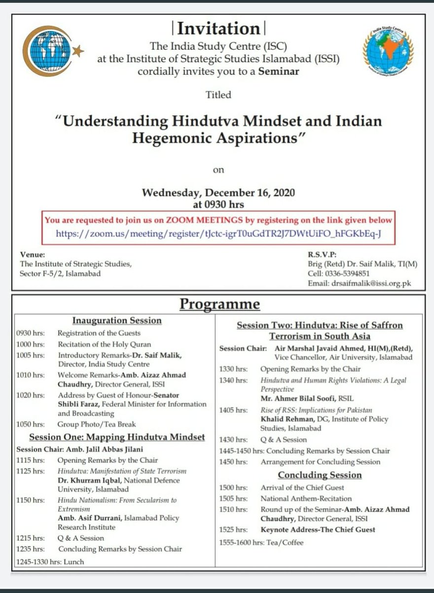 Entire Agenda of PAK ISI & PAK army webinar against RSS, HINDUTVA & HINDUSWhats hilarious is Air Marshal Javaid Ahmed, A project director of JF17 Fighter jet program will chair the meetPlz note this is the 2nd sessionPAK is so scared that its doing a seminar on RSS