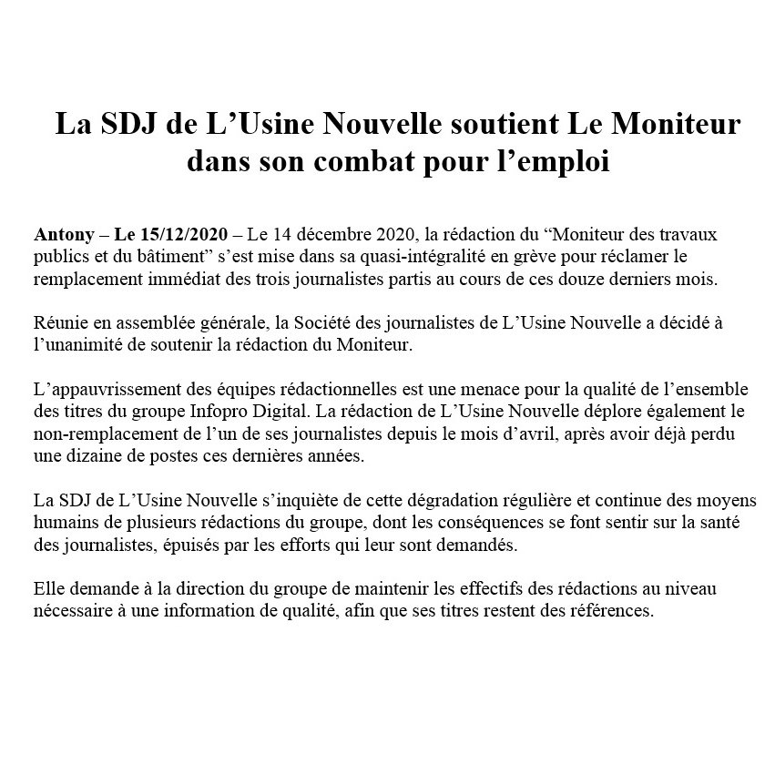 La SDJ de l'<a href="/usinenouvelle/">L'Usine Nouvelle</a> soutient <a href="/Le_Moniteur/">LeMoniteur</a> dans son combat pour l'emploi
