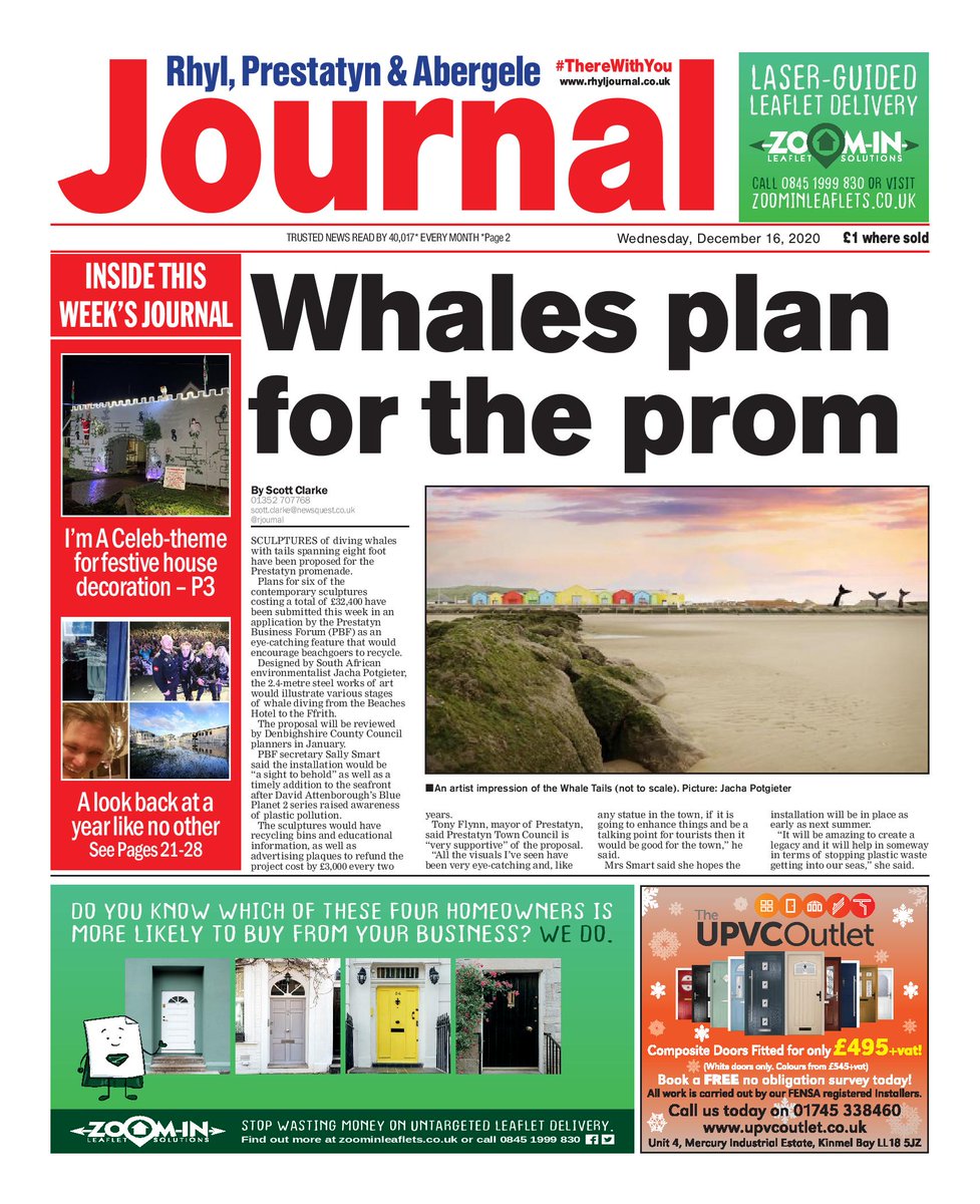 rjournal's tweet image. Get your copy of the Journal this week 📰 Front page: A plan for sculptures of diving whales with tails spanning eight foot has been proposed for the Prestatyn promenade