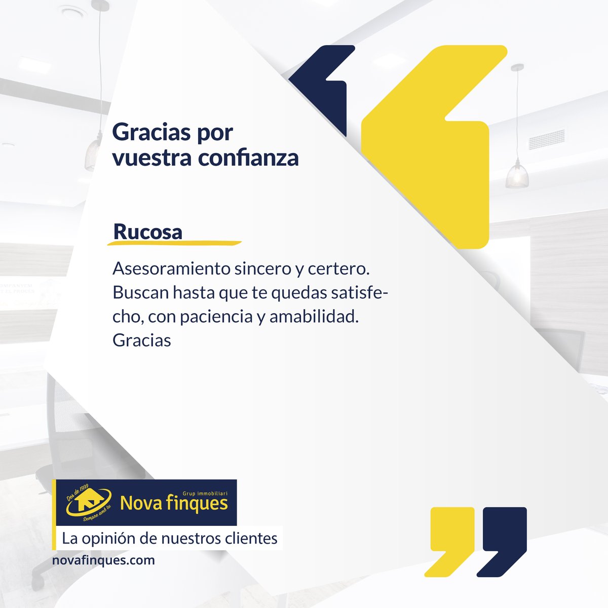 Novafinques's tweet image. ¿Qué os parece la #opinión que nos ha dejado Rucosa? Gracias a todos los que nos hacéis llegar vuestras #valoraciones. 😉💙
#inmobiliaria #pisos #casa #vivienda #hogar #muebles #oportunidades #Sabadell #Barberà #Castellar