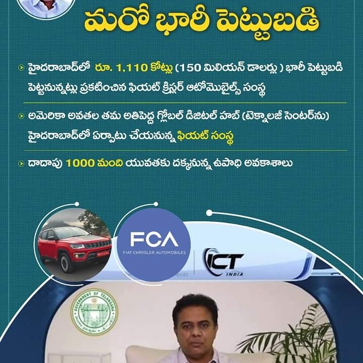 jaganbajireddy's tweet photo. తెలంగాణ‌ రాష్ట్రానికి కొనసాగుతున్నపెట్టుబ‌డుల ప్ర‌వాహం. హైదరాబాద్ లో సుమారు రూ. 1110 కోట్ల పెట్టుబడితో తమ గ్లోబల్ డిజిటల్ హబ్ (టెక్నాల‌జీ సెంట‌ర్‌ను) ఏర్పాటు చేయనున్న ఫియ‌ట్ సంస్థ.
#TrsDevelopment 
#TrsSuccess 
#KTR 
#BajireddyJagan https://t.co/5WrOm0pGgl