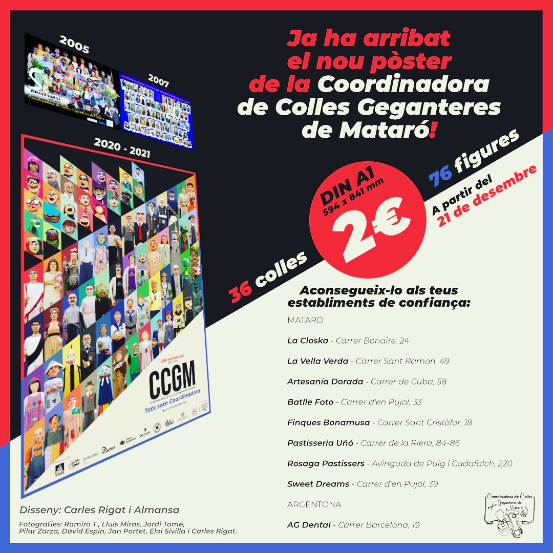 colla_crossi's tweet photo. Aquest Nadal, regala Cultura, regala GEGANTS! La Coordinadora de Colles Geganteres de Mataró acaba de presentar un nou pòster per celebrar el seu 20è aniversari. Hi podreu trobar totes les figures i colles que actualment formen part de la CCGM! https://t.co/TIuadxCiIi