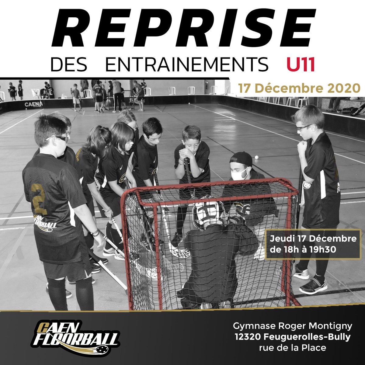 📢 Reprise pour les jeunes ! 📢
Ce jeudi 17 décembre, nos U11 retrouveront le chemin du gymnase pour le retour des entrainements de 18h à 19h30 au gymnase de Feuguerolles-Bully  💪 🔥 
À demain !  🖤💛 
#Floorball <a href="/floorballFR/">France Floorball</a>