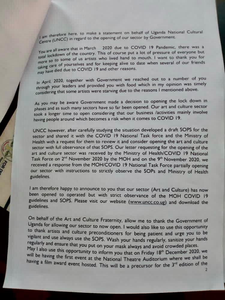nbstv's tweet image. A letter signed by the chairperson of the Board of Trustees, Sam Okello Kelo indicate that concerts have been granted permission to operate effective this Saturday.

#NBSUpdates