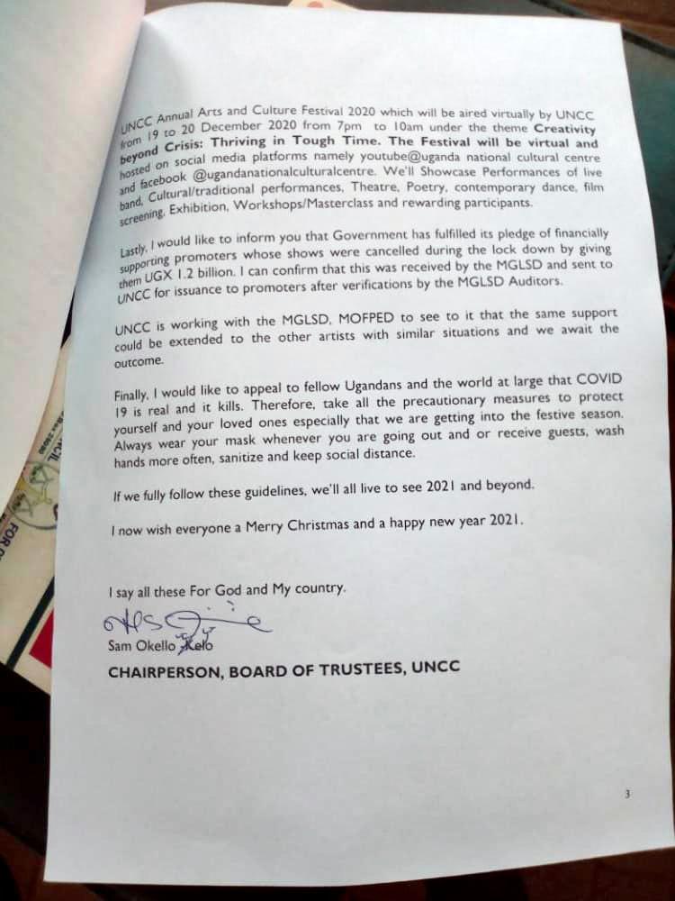nbstv's tweet image. A letter signed by the chairperson of the Board of Trustees, Sam Okello Kelo indicate that concerts have been granted permission to operate effective this Saturday.

#NBSUpdates