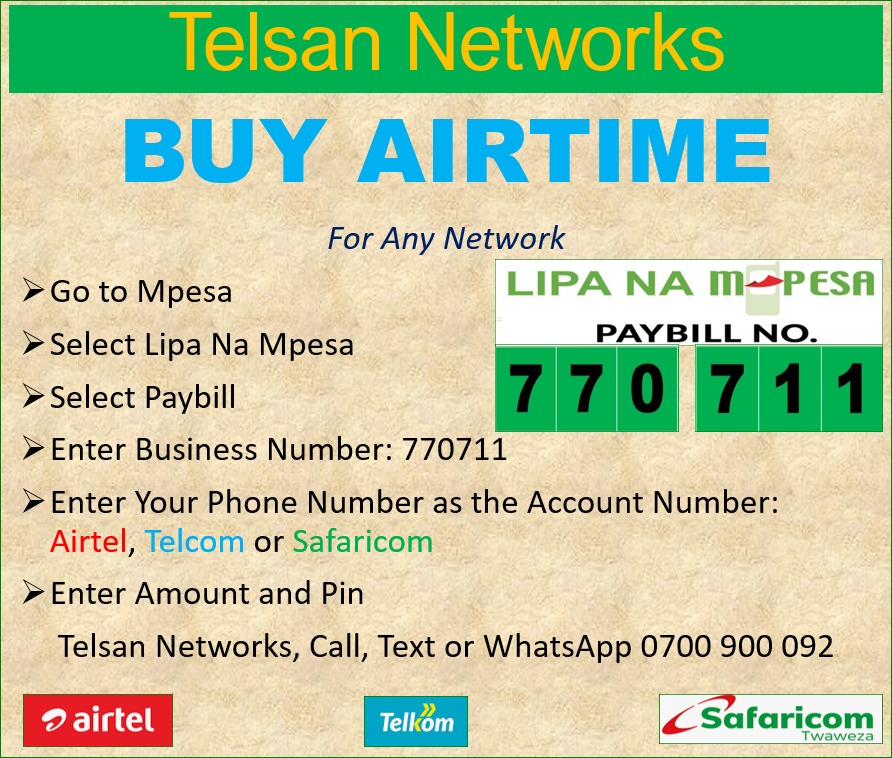 TelsanNetworks's tweet photo. Low on Airtime? Top-Up with with Telsan Networks.
Mpesa Paybill Number 770 711 Account Number is your phone number Airtel/Telcom/Safaricom
Insant
Free
#TheAbsaAssist #MsambweniDecides #SomeOneTellFarmajo #SafeGuardingGirls Joho Raila Baba Ruto Coat Jubilee #BetterEastAfrica https://t.co/A2LmRpu12J