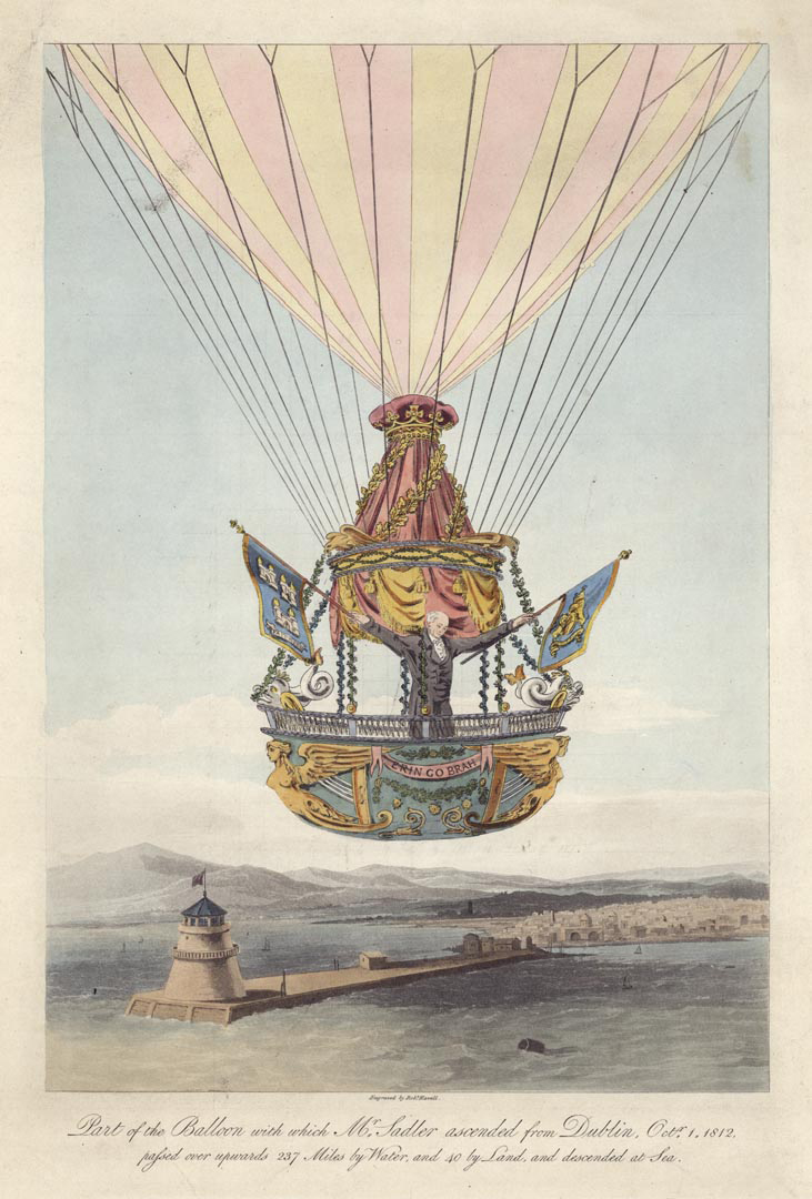 in a balloon, 55 feet diameter, & emblazoned with the words “Érin-go-Bragh”!!! (Love it). Thousands of people were in attendance to watch the event, including the novelist Maria Edgeworth, who captured the mood of the day in her writings. Sadlers journey began well,...(4/6)