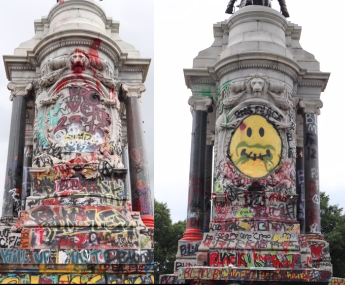 These images show how the Lee  #monument is covered with layers and layers of new colourful images and text honouring the  #BLM movement. This is a significant moment for  #arthistory and a massive shout out to  @United_Statues for these amazing photographs. (6/7)