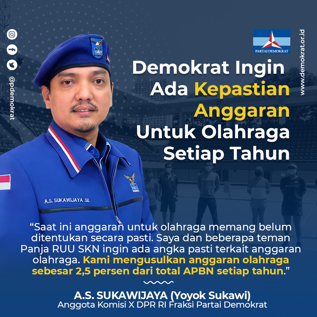 Demokrat_TV's tweet photo. "Saat ini anggaran untuk olahraga memang belum ditentukan secara pasti. Saya dan beberapa teman Panja RUU SKN ingin ada angka pasti terkait anggaran olahraga. Kami mengusulkan anggaran olahraga sebesar 2,5 persen dari total APBN setiap tahun"
(A.S. Sukawijaya)
#RUUSKN
#Demokrat https://t.co/BXePznKtZB