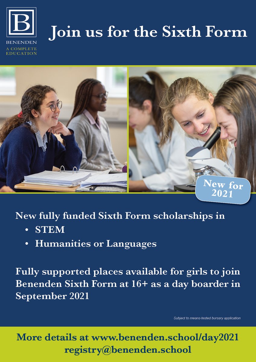 benendenschool's tweet image. More details on our fully funded Day Boarding Sixth Form Scholarships can be found here: benenden.school/day2021

#school #independentschool #sixthform #Benendenschool #scholarship2021 #scholarship #STEM #Humanities #Language