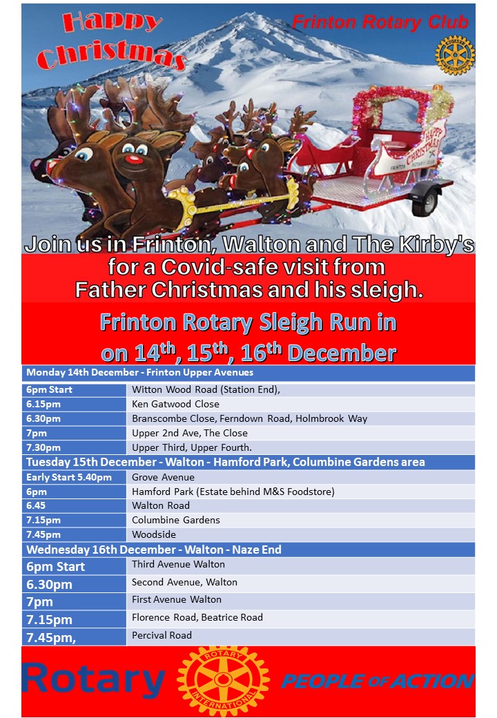 FrintonRotary's tweet photo. Christmas gets ever closer, Corona-19 continues to take a toll around the world. But there is a light at the end, Santa is coming down your way!
The links to our donation pages:-
https://t.co/VKvXb1nu4Z
 or via PAYPAL using frintonrotary@gmail.com https://t.co/tA1rnaV7Fp