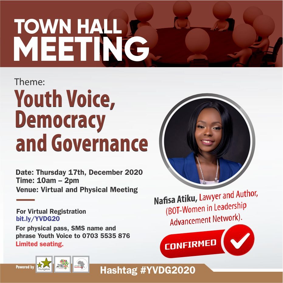 For online/virtual participation, register here: bit.ly/YVDG20

Free data bonanza for 50 online participants! 

There will be transport for Physical participants attending from within Abuja.
#YVDG2020