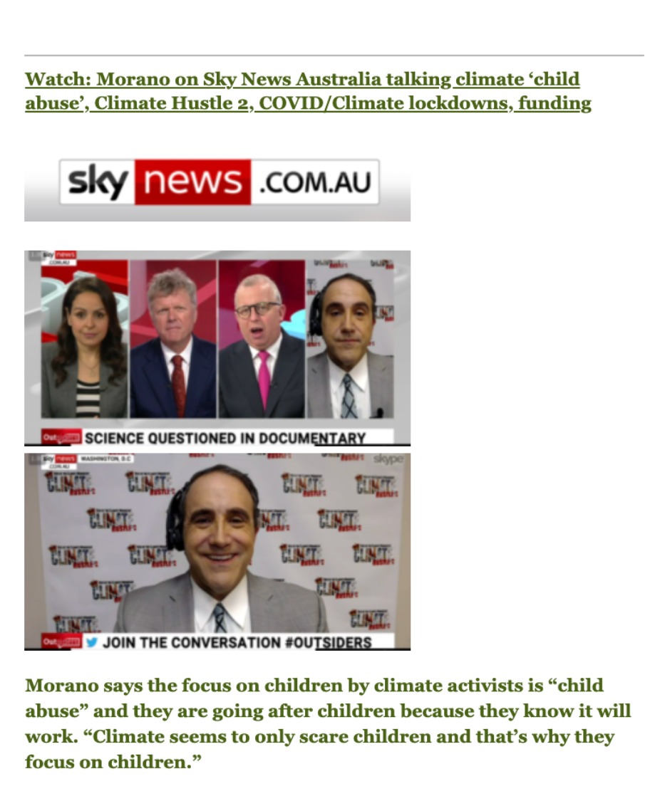 Now, Morano is using Climate Depot to push his new film which brings together major climate change deniers and was promoted by Trump.During film promo, he criticised the “indoctrination of children” by climate change activists as “child abuse.”